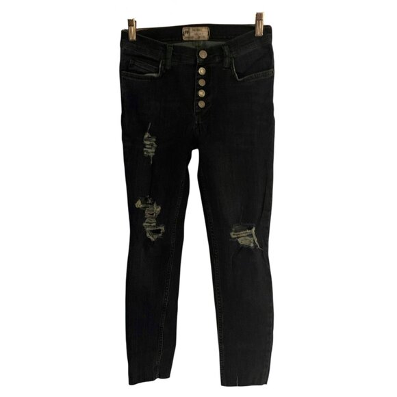 FREE PEOPLE Dark Wash Blue Distressed Button-Fly Raw Hem Skinny Jeans Size 27 - Picture 3 of 8